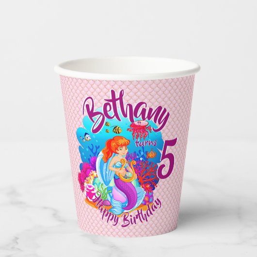 Gobelets En Papier Modifier le nom d'âge Mermaid Anniversaire Fête Pe (Recto)