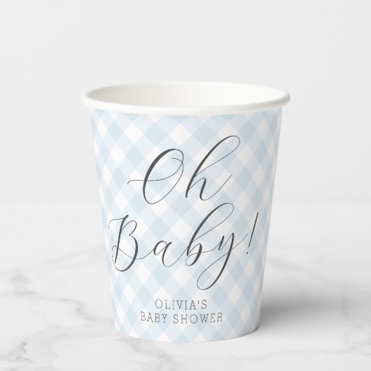 Gobelets En Papier Mon bébé ! Baby shower En vichy bleu clair doux (Verso)