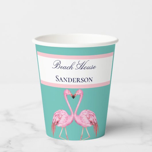 Gobelets En Papier Monogram Beach House Flamants roses Turquoises mar (Recto)