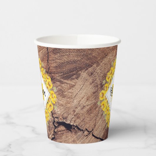 Gobelets En Papier Monogram de Rustic Sunflowers & Wood Texture (Gauche)