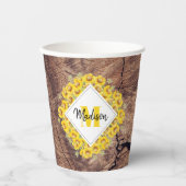 Gobelets En Papier Monogram de Rustic Sunflowers & Wood Texture (Recto)