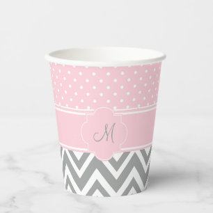 Gobelets En Papier Monogram Grey Chevron avec point Polka rose pastel