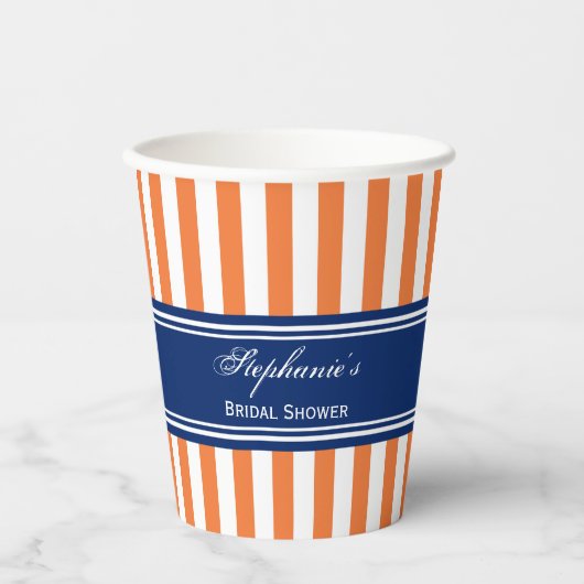 Gobelets En Papier Monogram Orange et Rayures Blanches avec Bleu Roya (Recto)