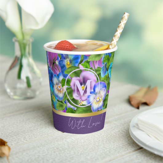 Gobelets En Papier Monogramme Anniversaire Pansy Violet Fleurs Aquare (Insitu)