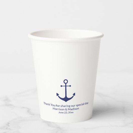 Gobelets En Papier monogramme blanc d'ancrage bleu marine mariage (Recto)