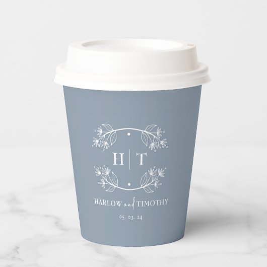 Gobelets En Papier Monogramme blanc Dusty Blue Mariage tasses de papi (Recto)