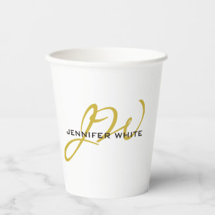 Gobelets En Papier Monogramme blanc or couleur plaine minimaliste mod