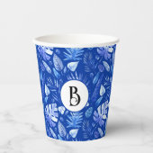 Gobelets En Papier Monogramme, Cobalt Blue Tropical Feuille Motif 8oz (Recto)