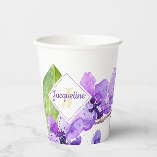 Gobelets En Papier Monogramme coloré Aquarelle design orchidée (Recto)