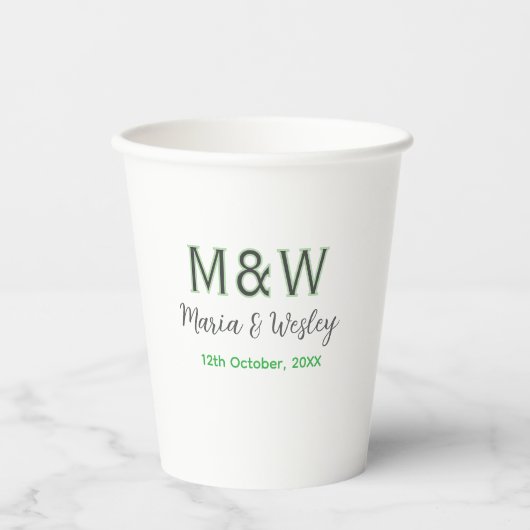 Gobelets En Papier Monogramme couple gris vert moderne date romantiqu (Recto)