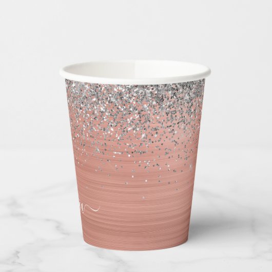 Gobelets En Papier Monogramme de Parties scintillant d'argent en méta (Gauche)