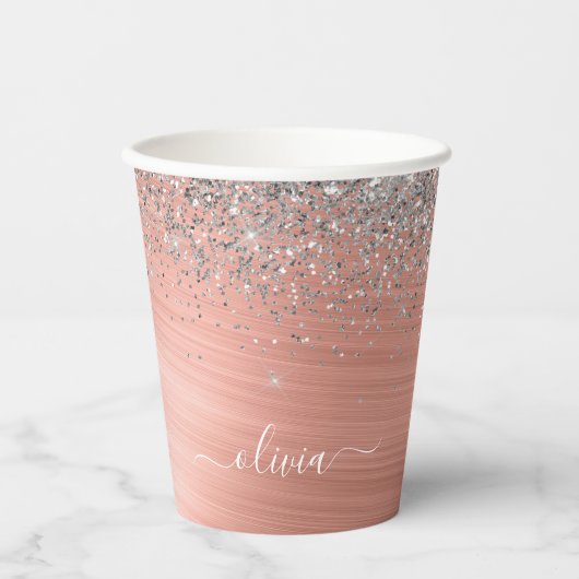 Gobelets En Papier Monogramme de Parties scintillant d'argent en méta (Recto)