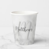Gobelets En Papier Monogramme de script personnalisé et Marbre blanc  (Recto)