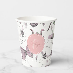 Gobelets En Papier Monogramme d'insectes roses et blancs mignons
