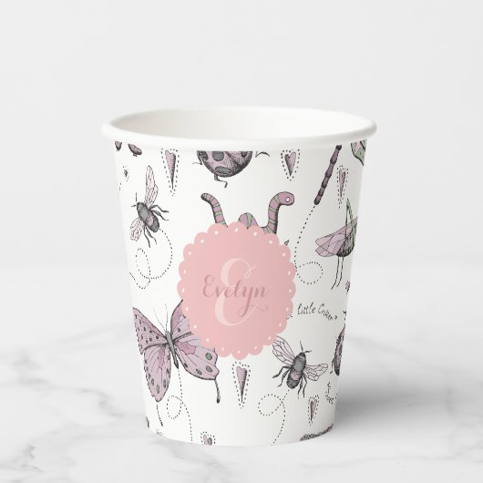 Gobelets En Papier Monogramme d'insectes roses et blancs mignons (Recto)