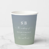 Gobelets En Papier Monogramme doux Ombre Dusty bleu et vert Mariage (Recto)