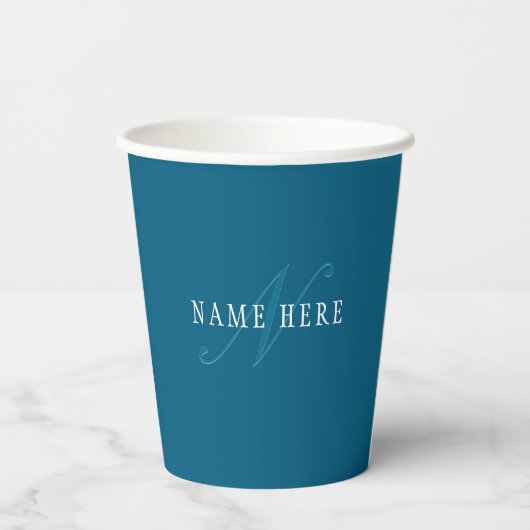 Gobelets En Papier Monogramme élégant | Bleu océan (Verso)