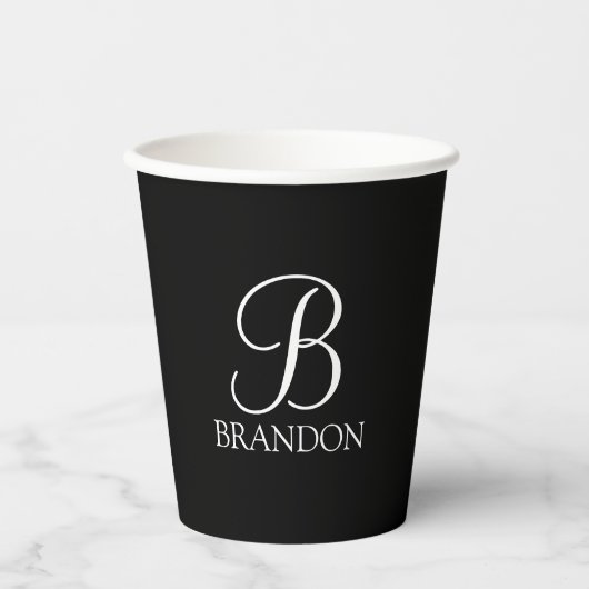 Gobelets En Papier Monogramme et nom de script personnalisé noir (Recto)