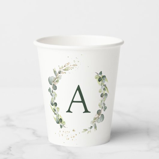 Gobelets En Papier Monogramme Eucalyptus Vert Blanc Botanique (Recto)