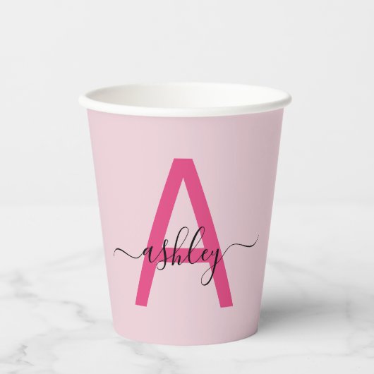 Gobelets En Papier Monogramme Féminin Moderne en Écriture Rose Chaud (Recto)