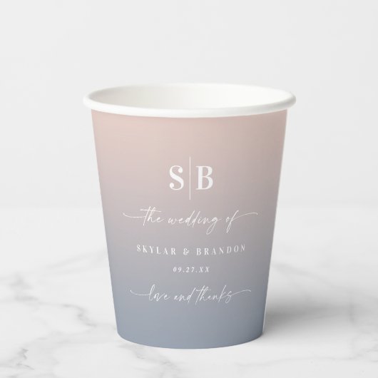 Gobelets En Papier Monogramme Mariage bleu foncé rose pâle (Verso)