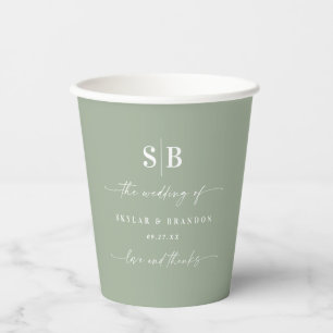 Gobelets En Papier Monogramme Mariage vert clair couleur simple