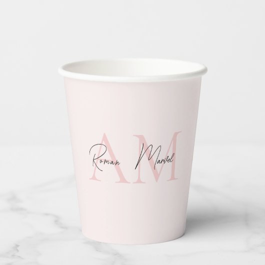 Gobelets En Papier Monogramme minimal initial et nom Pastel rose (Verso)