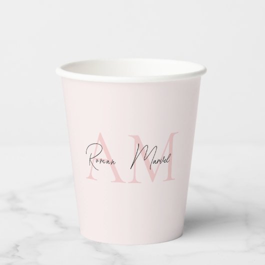 Gobelets En Papier Monogramme minimal initial et nom Pastel rose (Recto)