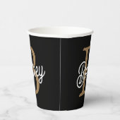 Gobelets En Papier Monogramme moderne élégant Nom Black Gold Script (Droite)