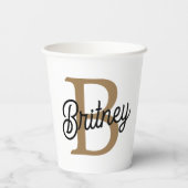 Gobelets En Papier Monogramme moderne élégant Nom Black Gold Script (Verso)