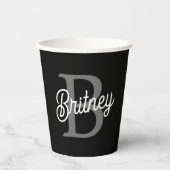 Gobelets En Papier Monogramme moderne élégant Nom noir Gris noir Scri (Recto)