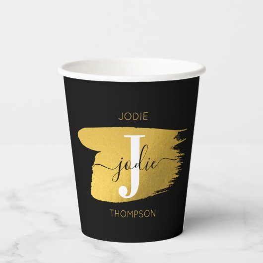 Gobelets En Papier Monogramme moderne noir et or (Verso)