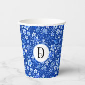 Gobelets En Papier Monogramme, motif de fleurs et de feuilles bleu co (Recto)