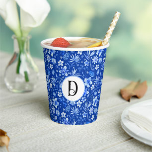 Gobelets En Papier Monogramme, motif fleurs et feuilles bleu cobalt 2