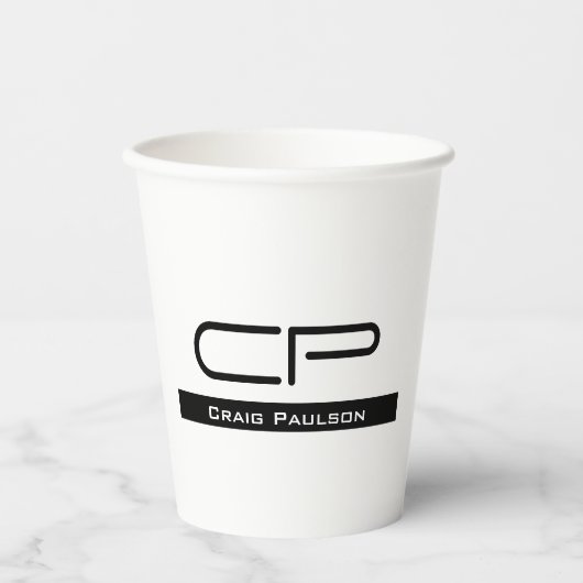 Gobelets En Papier Monogramme noir blanc Nom Plaque moderne Simple (Recto)