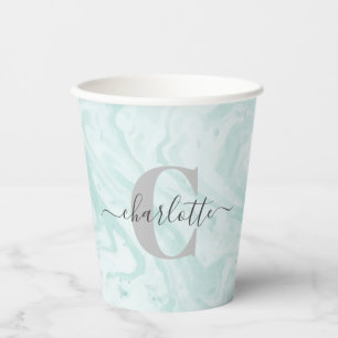 Gobelets En Papier Monogramme personnalisé de marbre vert de menthe