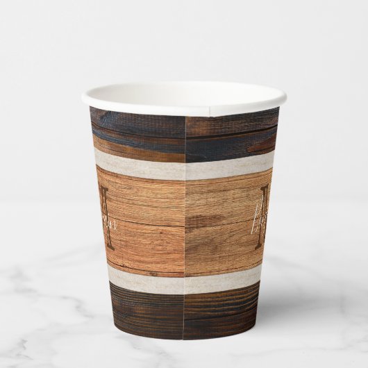 Gobelets En Papier Monogramme rayé ton bois rustique (Droite)