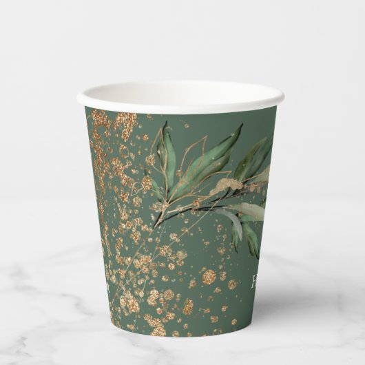 Gobelets En Papier Monogramme vert à feuilles d'or Botanique Eucalypt (Recto)