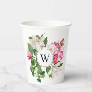 Gobelets En Papier Monogramme vintage blanc et rose des fleurs de Mag