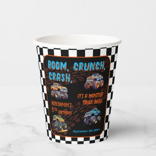 Gobelets En Papier Monster Truck Bash Boy 5e fête d'anniversaire (Recto)