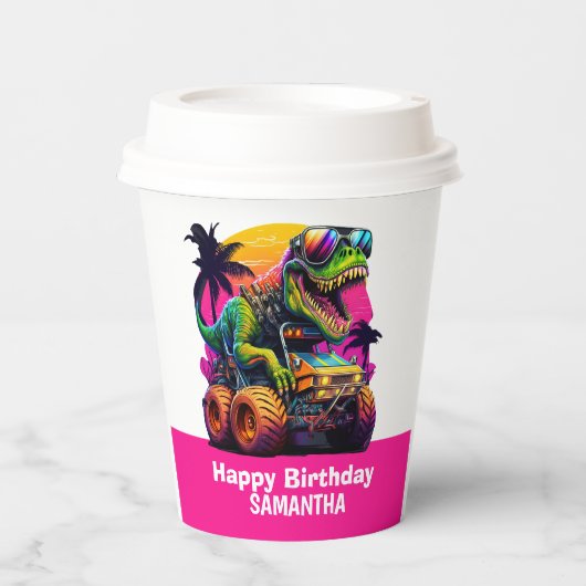 Gobelets En Papier MONSTER TRUCK Dinosaur Anniversaire rose (Recto)