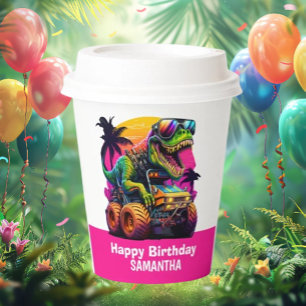 Gobelets En Papier MONSTER TRUCK Dinosaur Anniversaire rose
