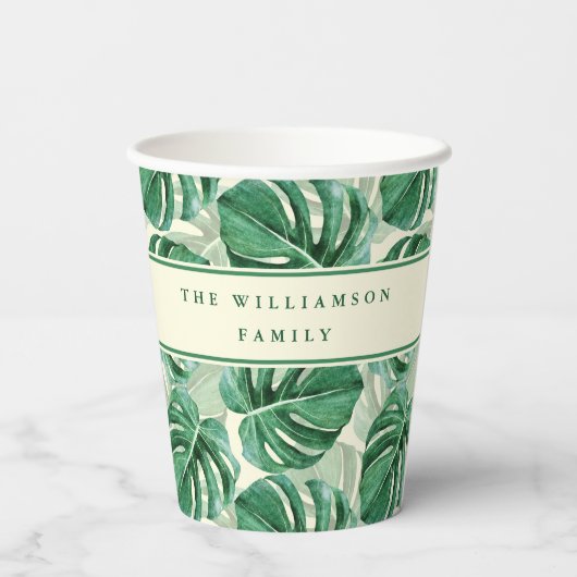 Gobelets En Papier Monstera Feuille Motif Summer Party Monogramme (Verso)