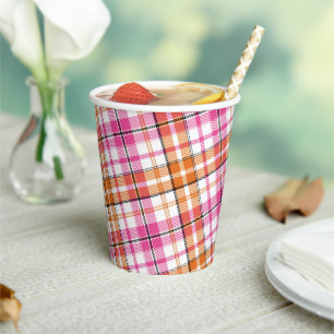 Gobelets En Papier Motif à carreaux tartan blanc rose orange