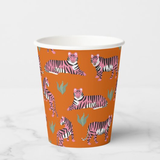 Gobelets En Papier Motif animalier de jungle tigre rose bohème orange (Recto)