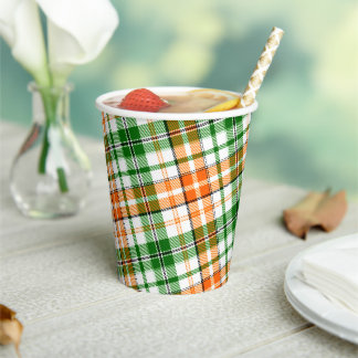 Gobelets En Papier Motif carreaux tartan vert orange blanc