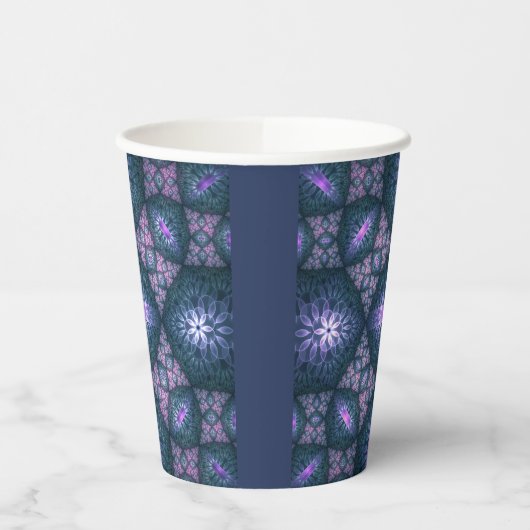 Gobelets En Papier motif d'art fractal 3D Turquoise violet rose (Gauche)