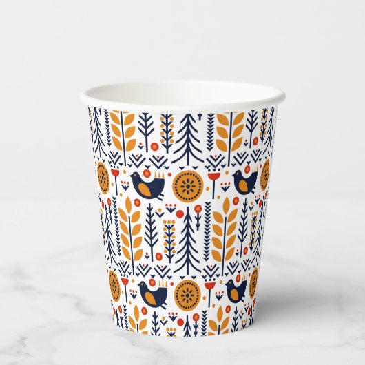 Gobelets En Papier Motif d'art populaire aux oiseaux d'automne (Verso)