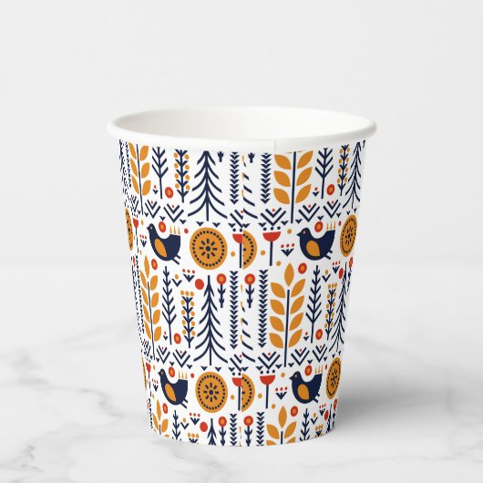 Gobelets En Papier Motif d'art populaire aux oiseaux d'automne (Droite)