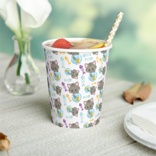 Gobelets En Papier Motif De Chats, Chats Mignons, Chatons, Poisson (Insitu)